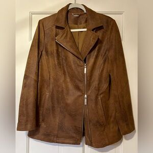 NWOT Chico's 1  (4)  Brown Faux Suede Jacket, Gold Zipper Lined Longer